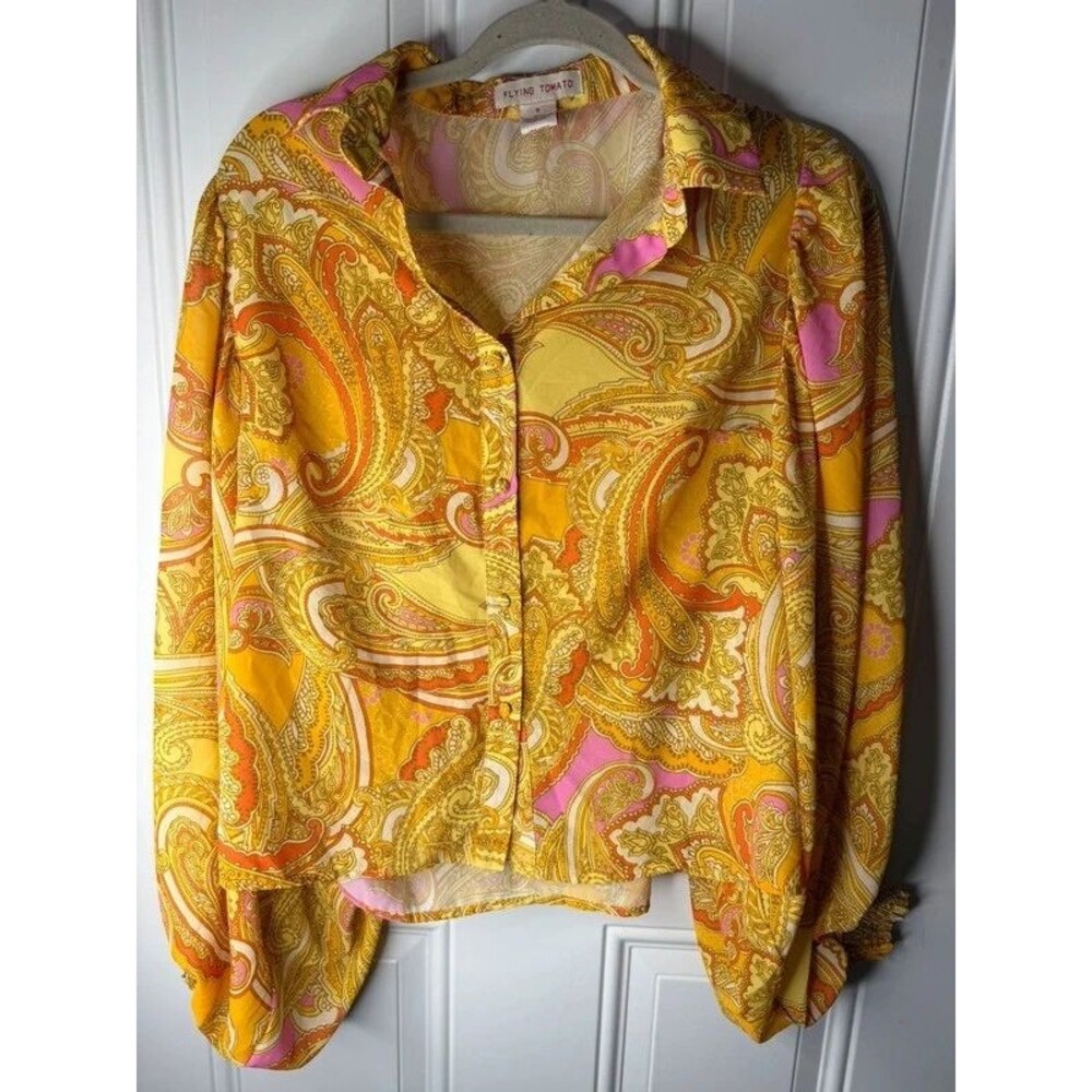 Flying Tomato Paisley Button Down Blouse Women’s Small Yellow Pink Boho